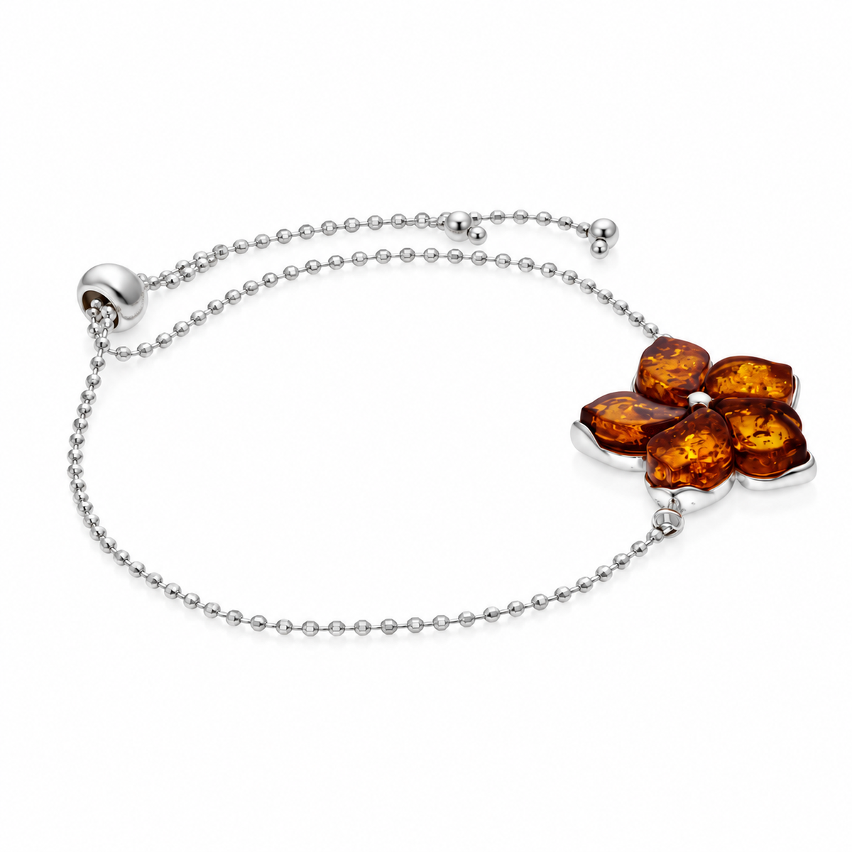 925 Sterling Silver & Genuine Baltic Amber Five-Petal Flower Adjustable Bracelet - BT500