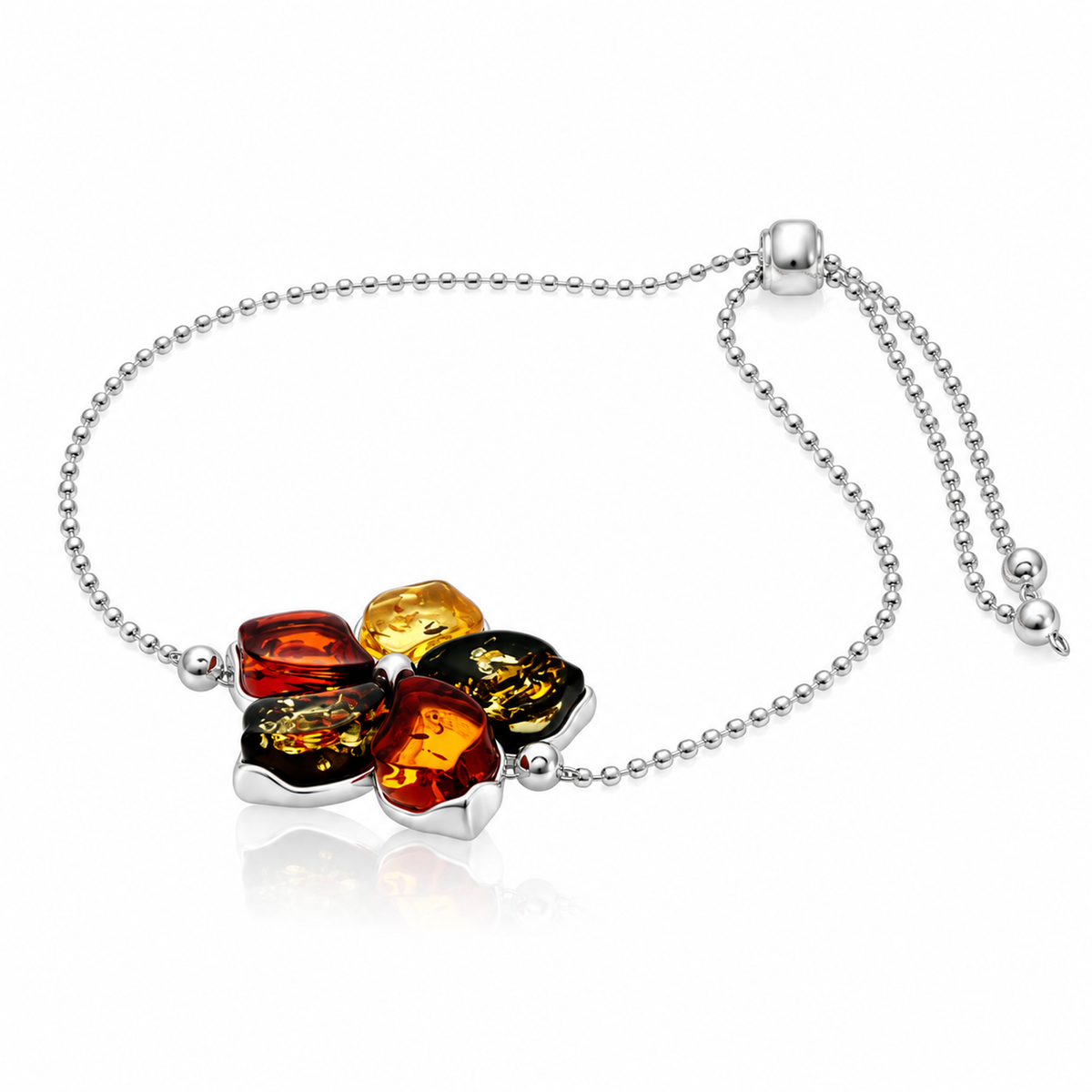 925 Sterling Silver & Genuine Baltic Amber Five-Petal Flower Adjustable Bracelet - BT500
