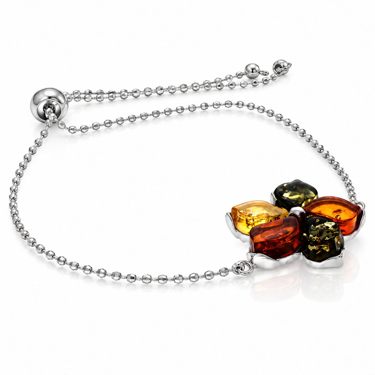 925 Sterling Silver & Genuine Baltic Amber Five-Petal Flower Adjustable Bracelet - BT500