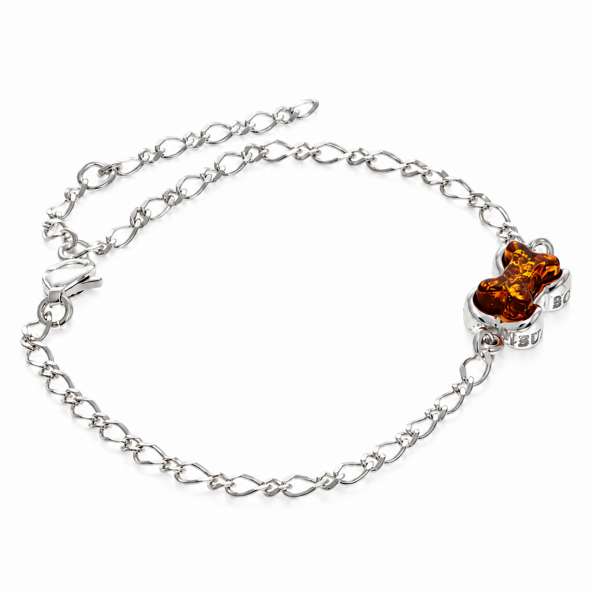 925 Sterling Silver & Genuine Baltic Amber Dog Bone Adjustable Bracelet - BT501