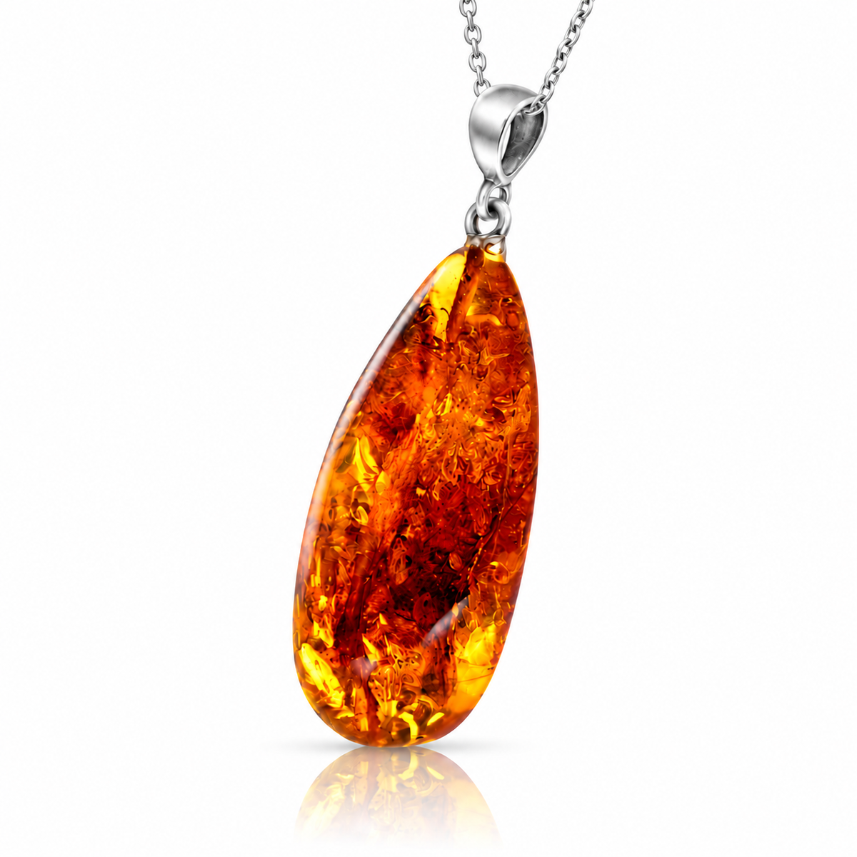 925 Sterling Silver & Genuine Cognac Baltic Amber Exlusive Unique Pendant - C-PD-124
