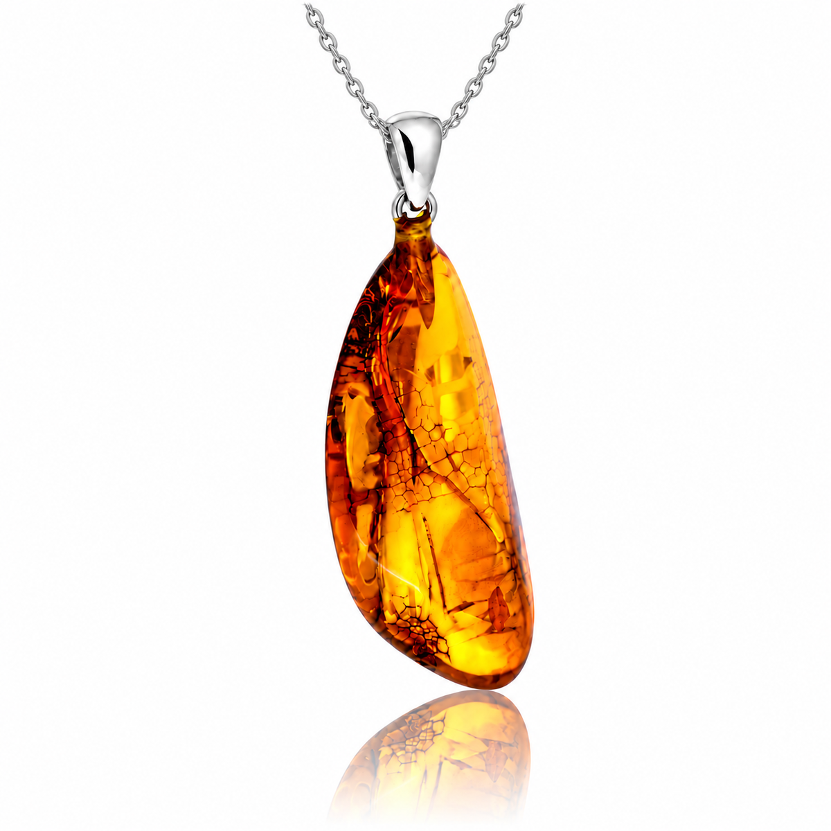 925 Sterling Silver & Genuine Cognac Baltic Amber Exlusive Unique Pendant - C-PD-126