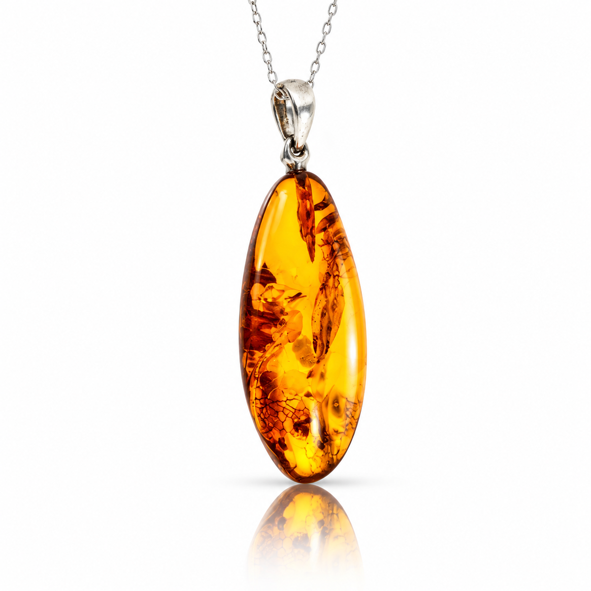 925 Sterling Silver & Genuine Cognac Baltic Amber Exlusive Unique Pendant - C-PD-127