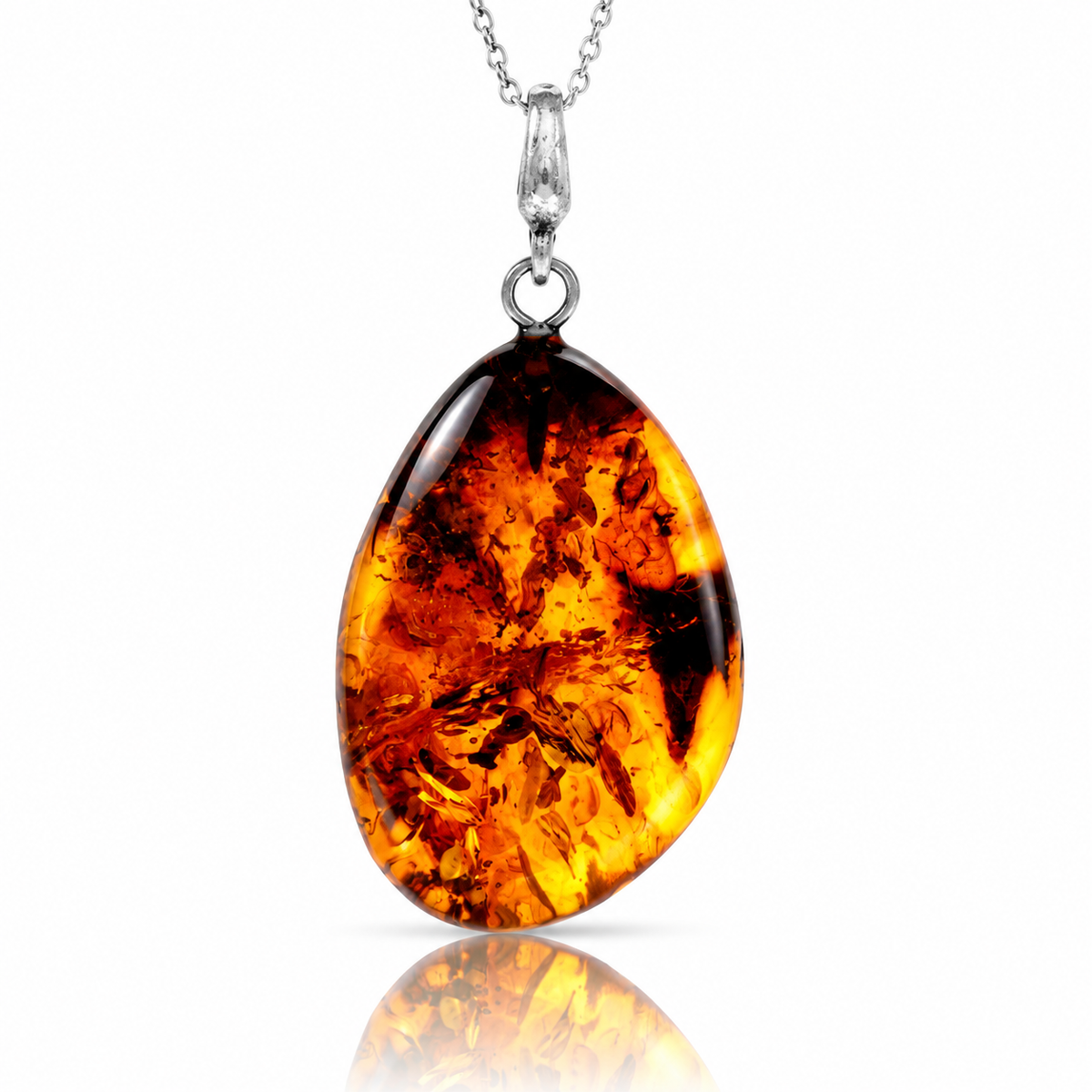 925 Sterling Silver & Genuine Cognac Baltic Amber Exlusive Unique Pendant - C-PD-129