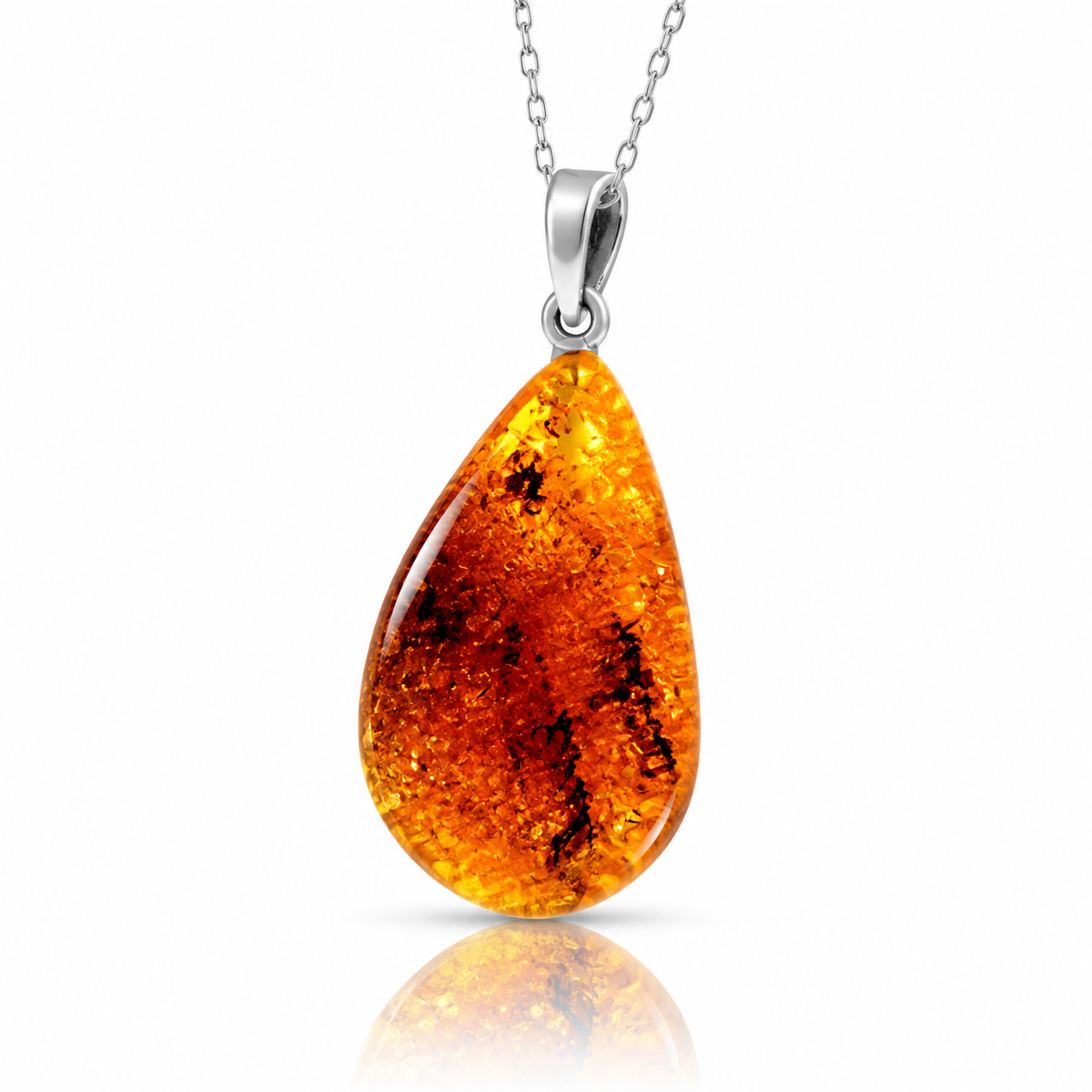 925 Sterling Silver & Genuine Cognac Baltic Amber Exlusive Unique Pendant - C-PD-132