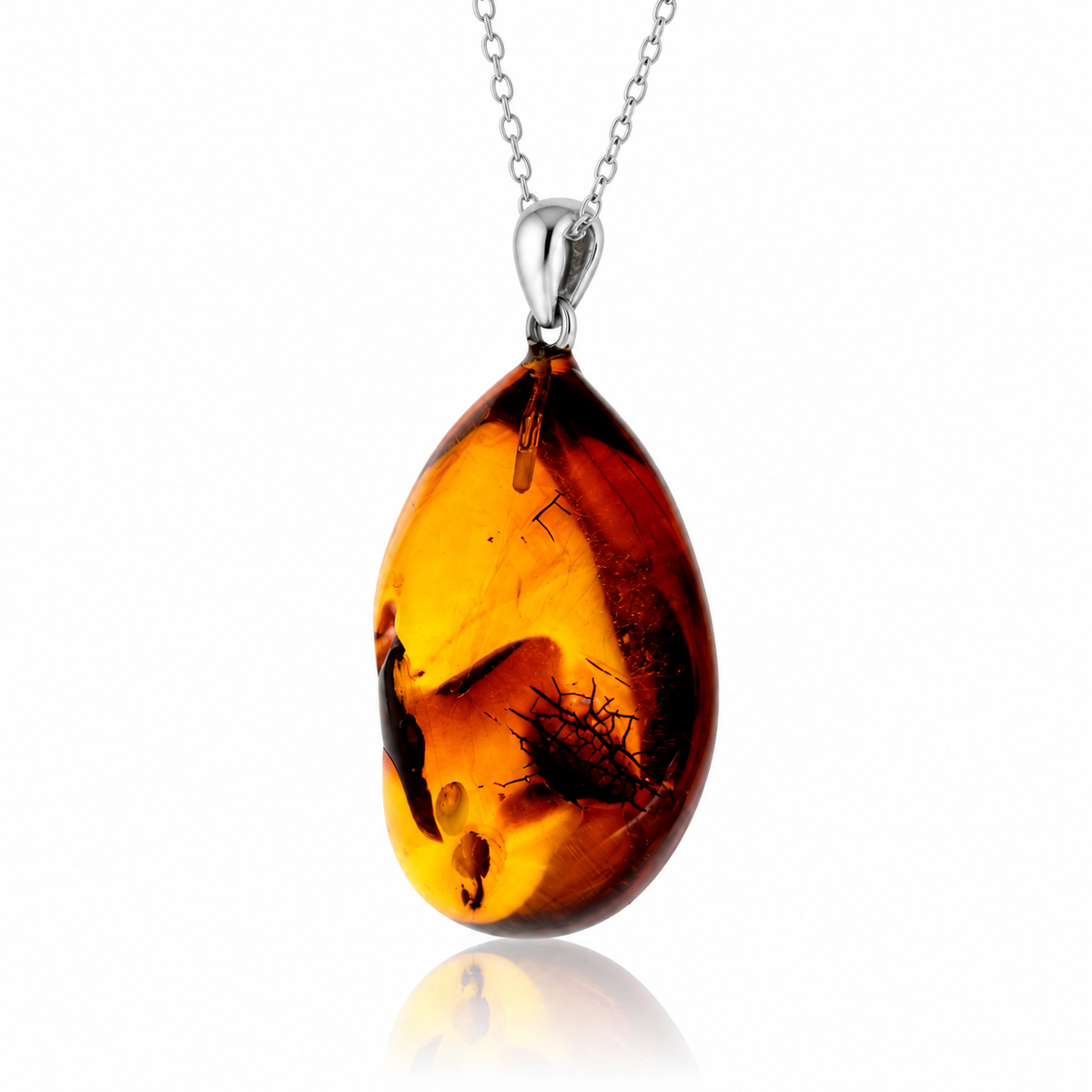 925 Sterling Silver & Genuine Cognac Baltic Amber Exlusive Unique Pendant - C-PD-135