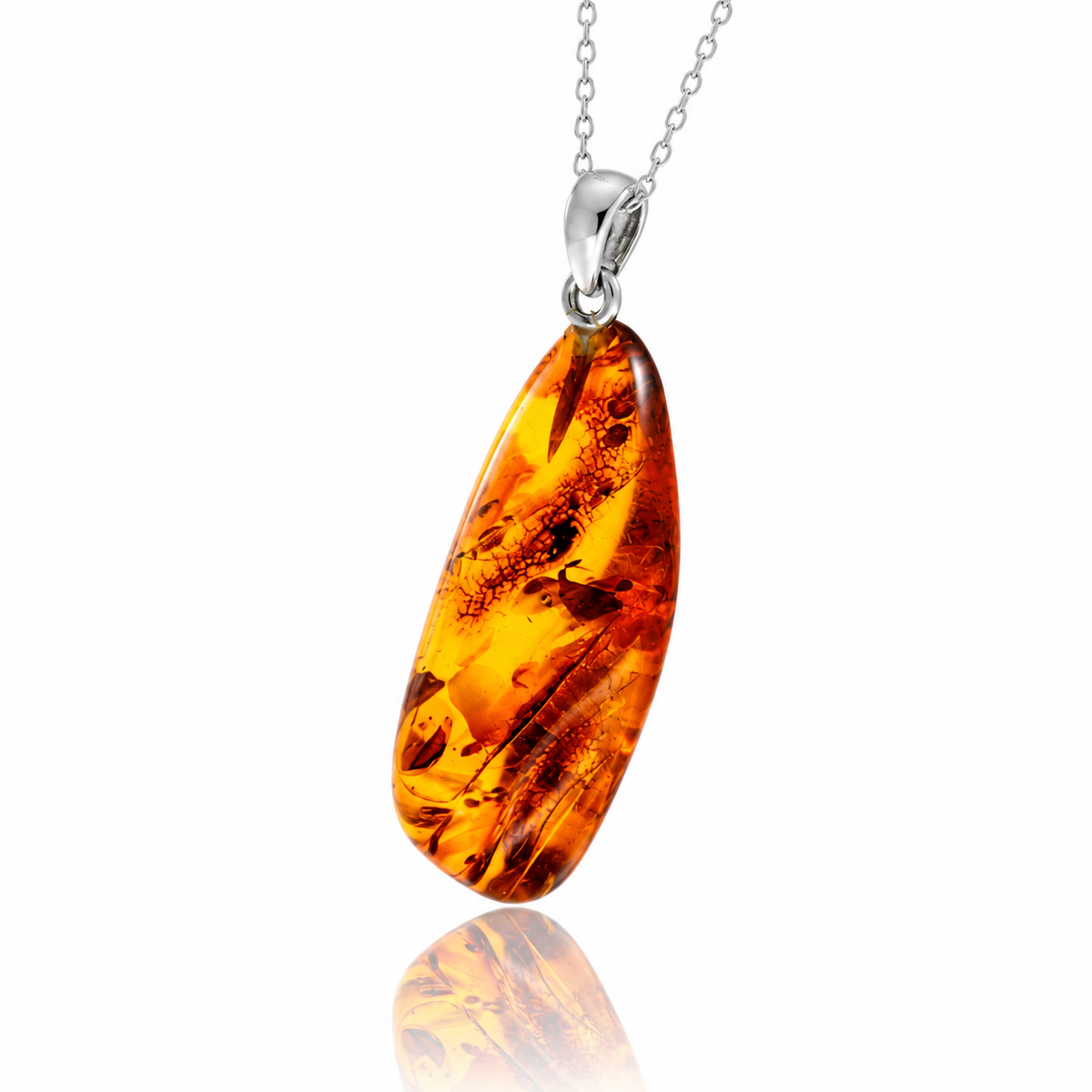 925 Sterling Silver & Genuine Cognac Baltic Amber Exlusive Unique Pendant - C-PD-138