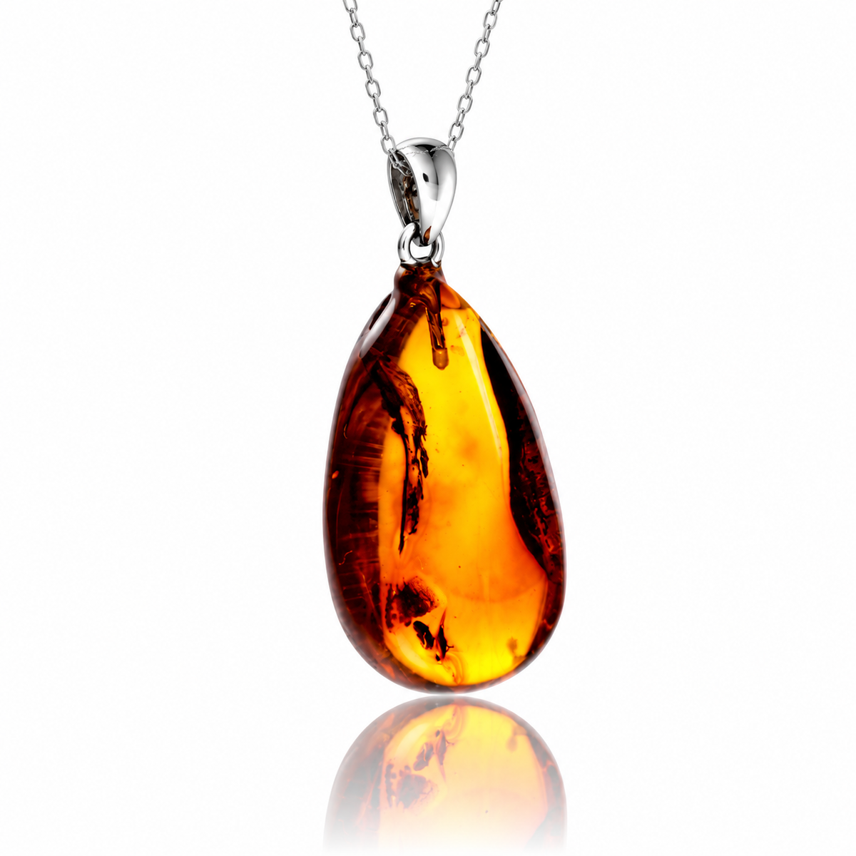 925 Sterling Silver & Genuine Cognac Baltic Amber Exlusive Unique Pendant - C-PD-142