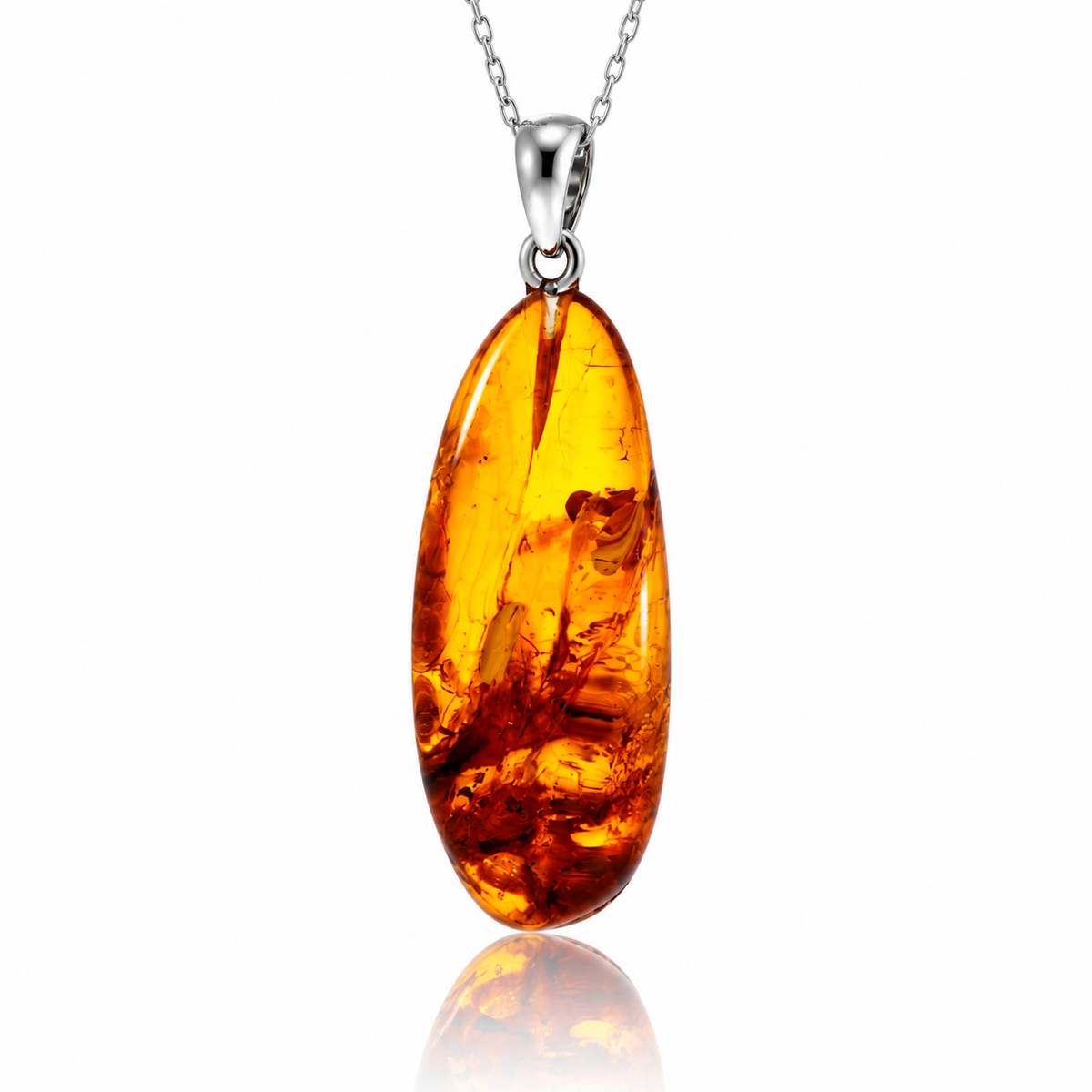 925 Sterling Silver & Genuine Cognac Baltic Amber Exlusive Unique Pendant - C-PD-145