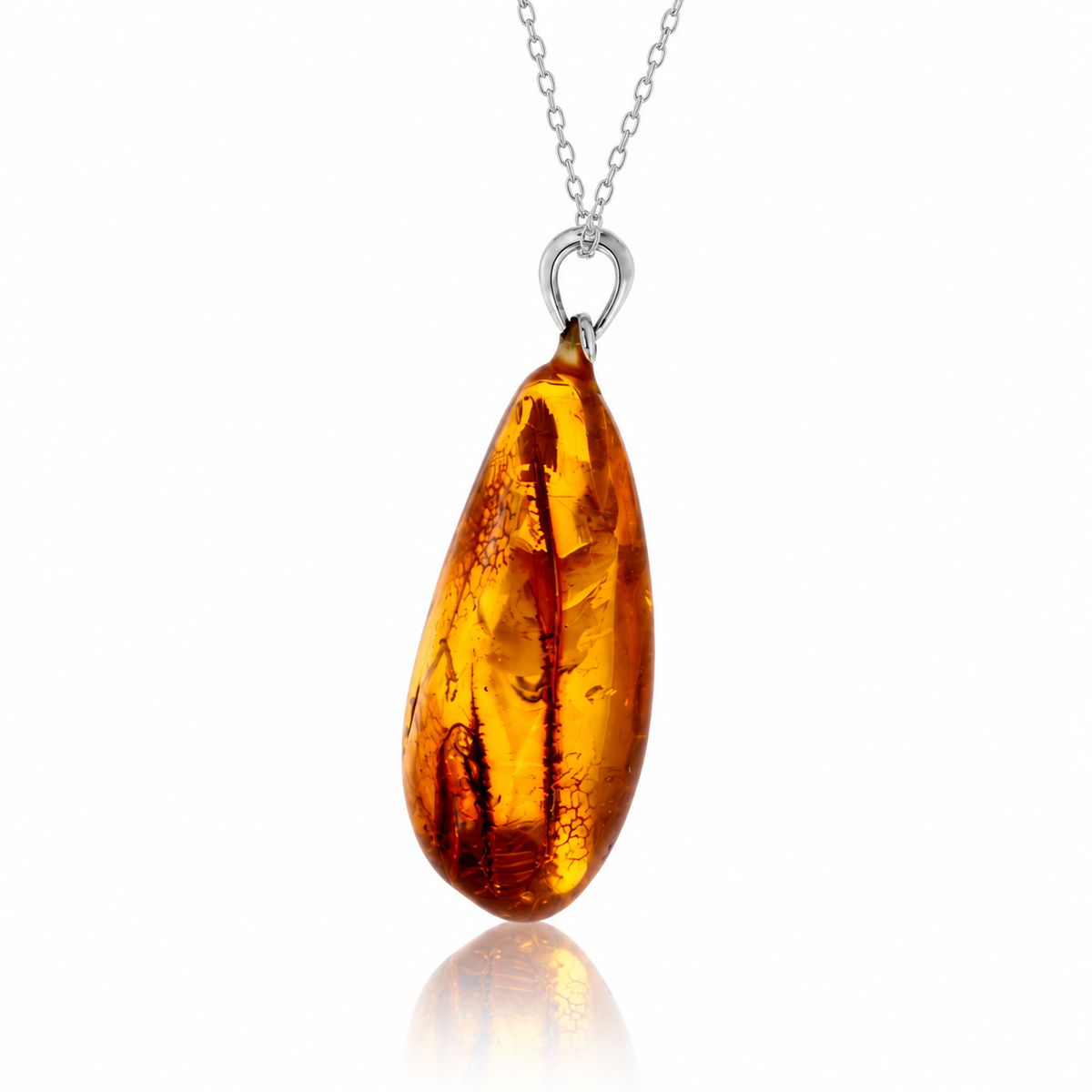 925 Sterling Silver & Genuine Cognac Baltic Amber Exlusive Unique Pendant - C-PD-146