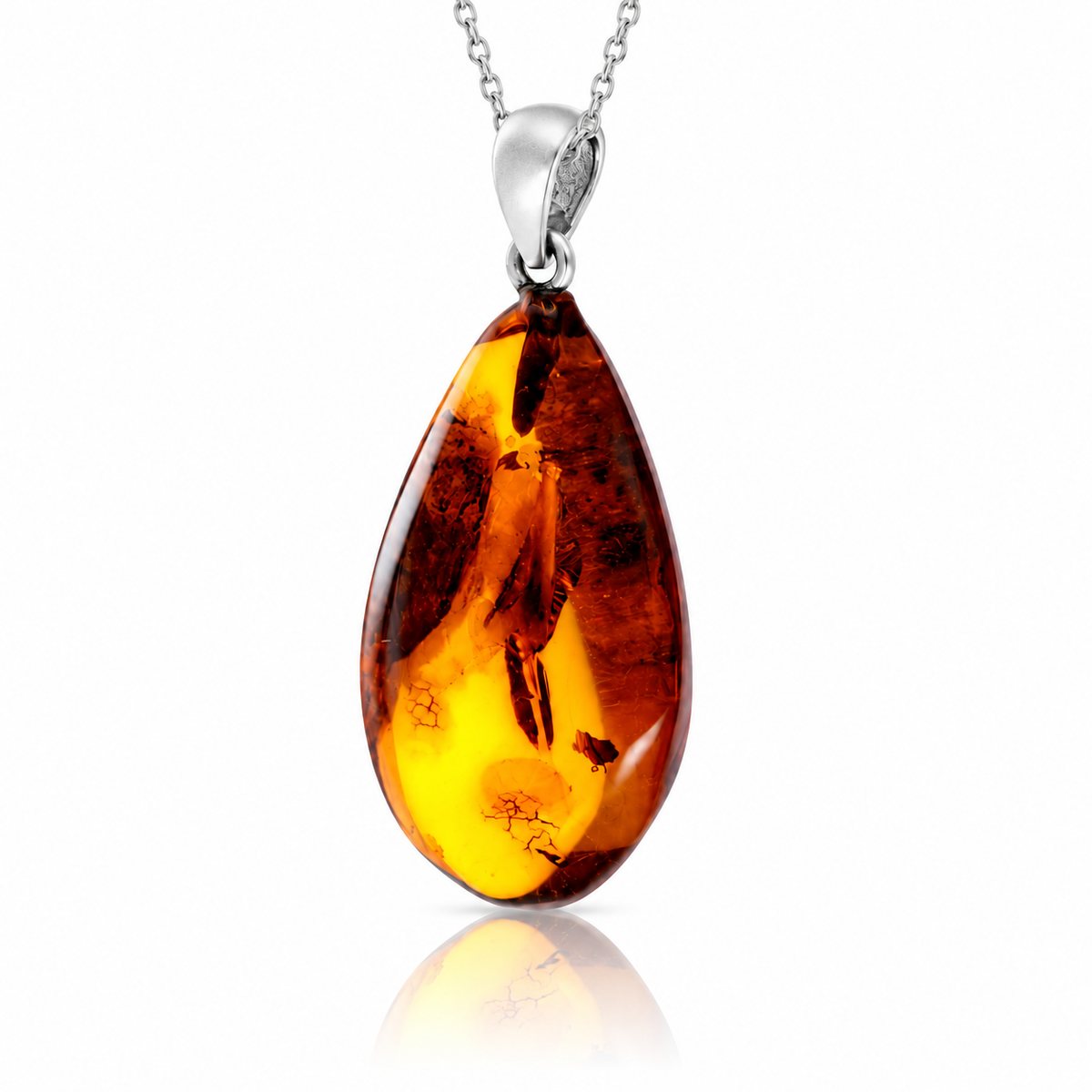 925 Sterling Silver & Genuine Cognac Baltic Amber Exlusive Unique Pendant - C-PD-156
