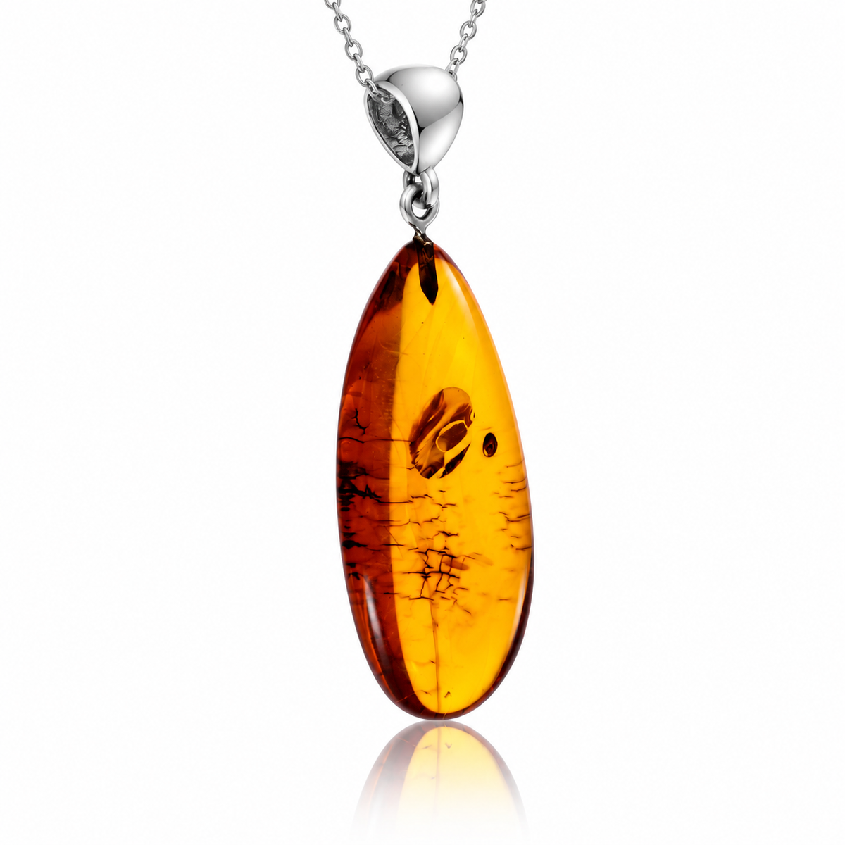 925 Sterling Silver & Genuine Cognac Baltic Amber Exlusive Unique Pendant - C-PD-166