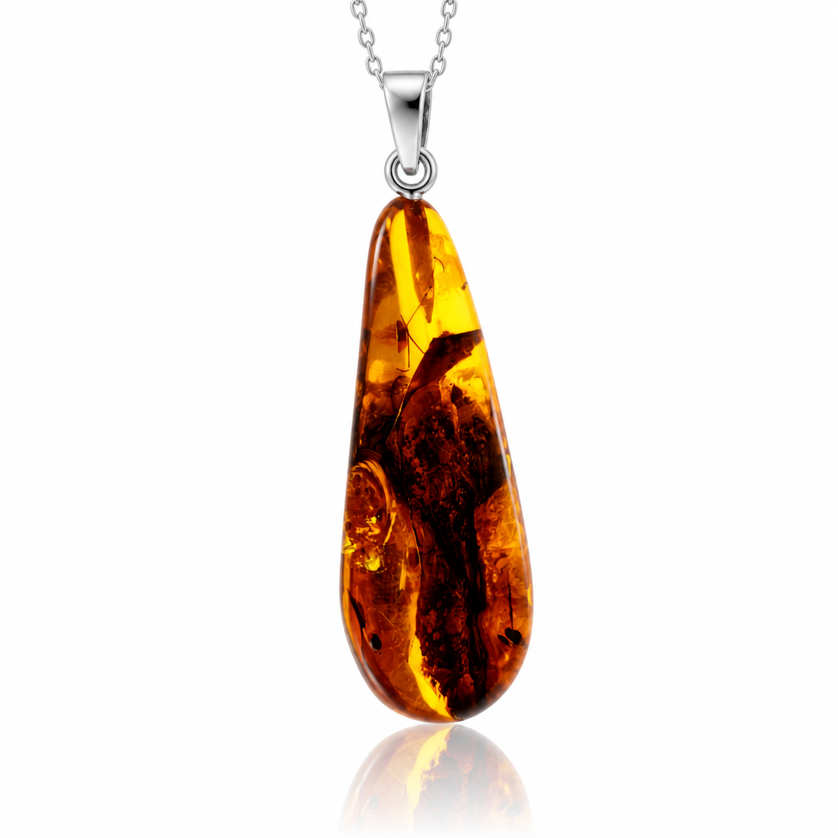 925 Sterling Silver & Genuine Cognac Baltic Amber Exlusive Unique Pendant - C-PD-169