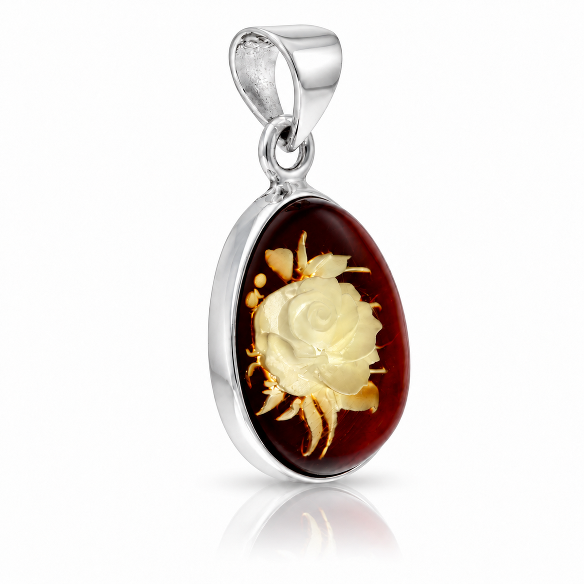 925 Sterling Silver & Genuine Baltic Amber Carved Rose Cameo Pendant - CMP001