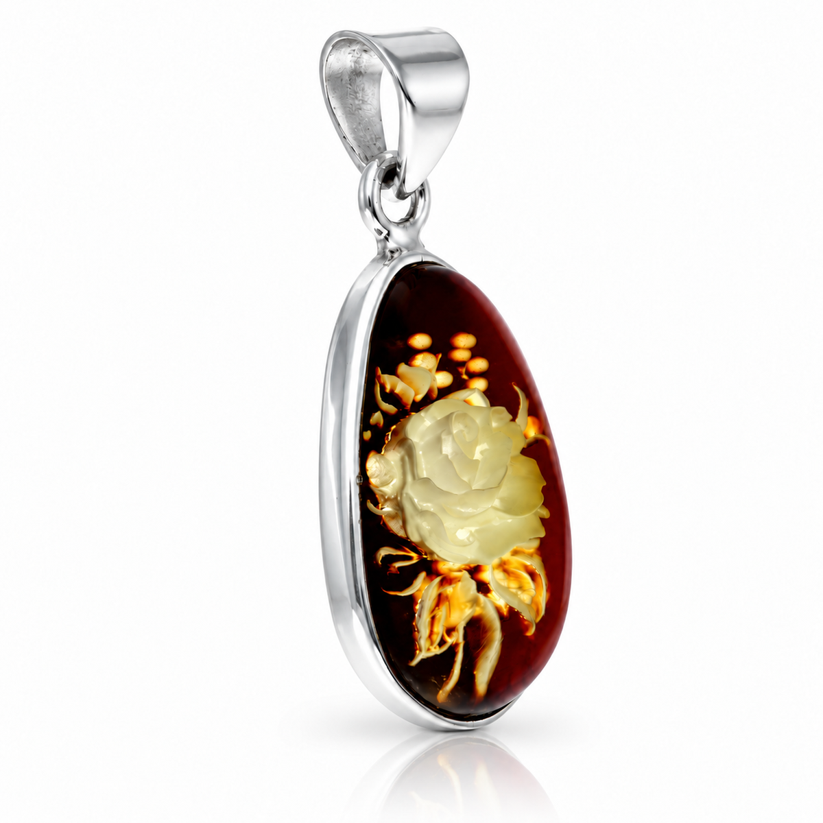 925 Sterling Silver & Genuine Baltic Amber Carved Rose Cameo Pendant - CMP002