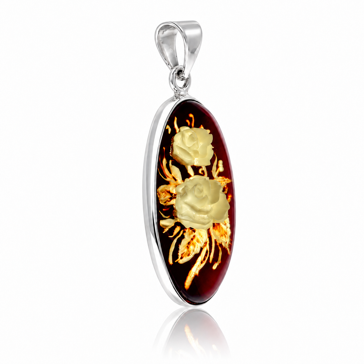 925 Sterling Silver & Genuine Baltic Amber Carved Rose Cameo Pendant - CMP003
