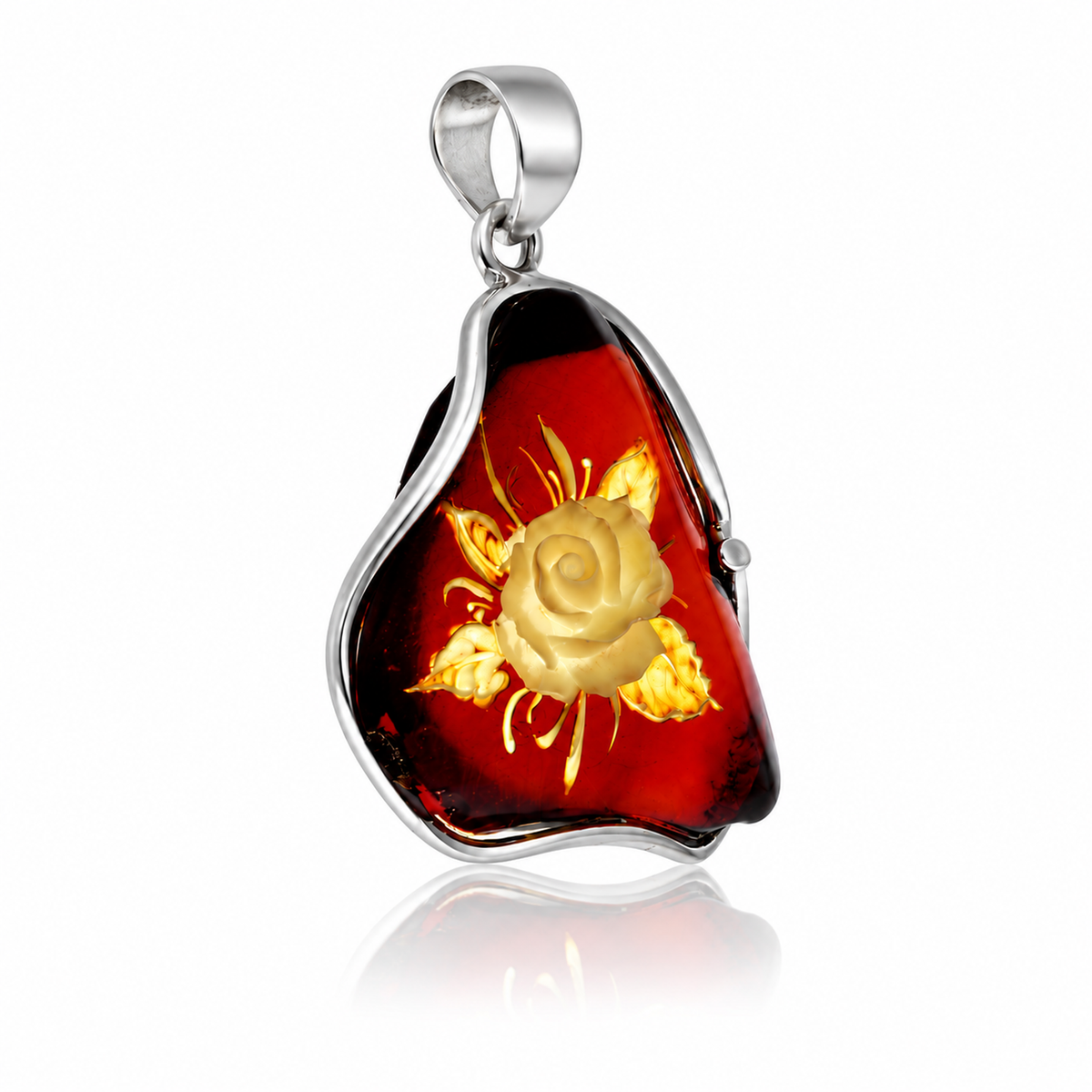 925 Sterling Silver & Genuine Baltic Amber Carved Rose Cameo Pendant - CMP004