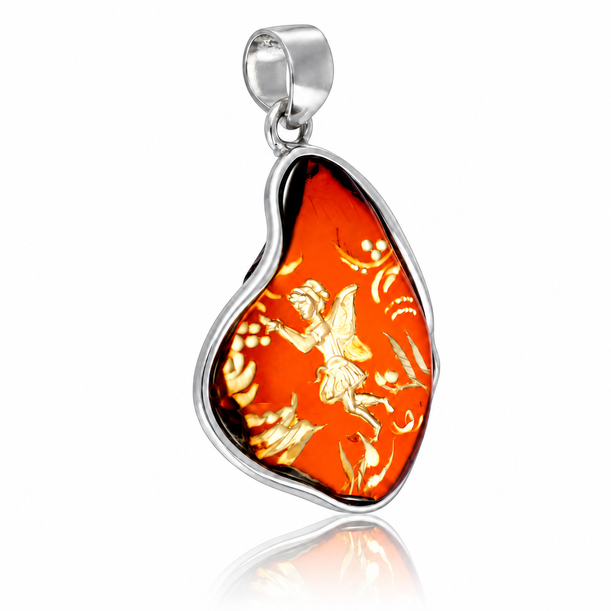 925 Sterling Silver & Genuine Baltic Amber Carved Fairytale Cameo Pendant - CMP006