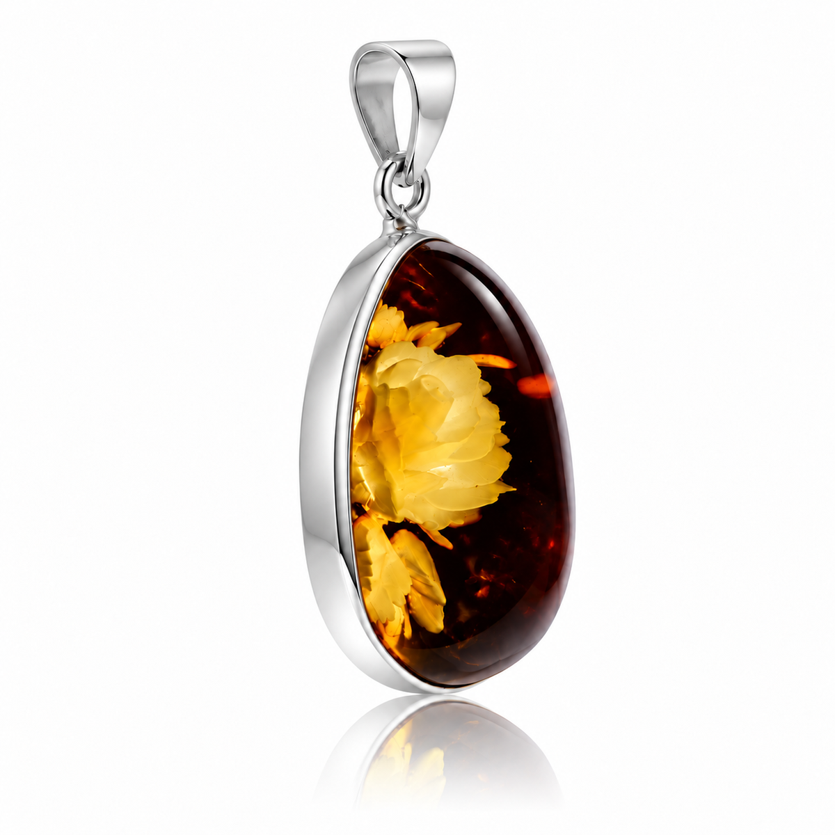 925 Sterling Silver & Genuine Baltic Amber Carved Rose Cameo Pendant - CMP007