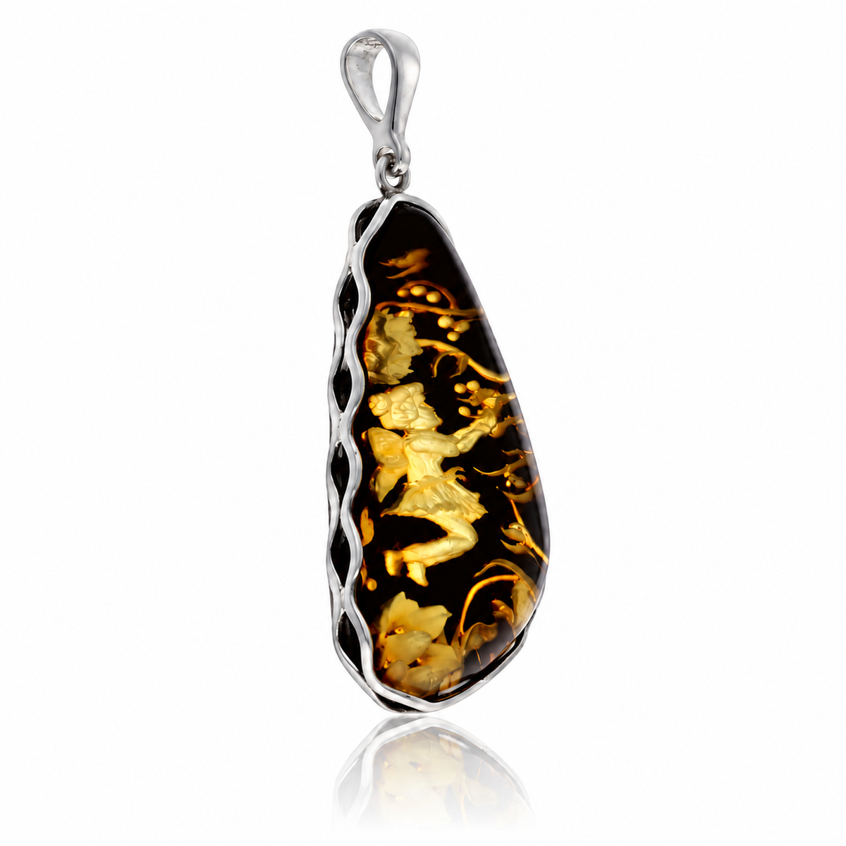 925 Sterling Silver & Genuine Baltic Amber Carved Fairytale Cameo Pendant - CMP009