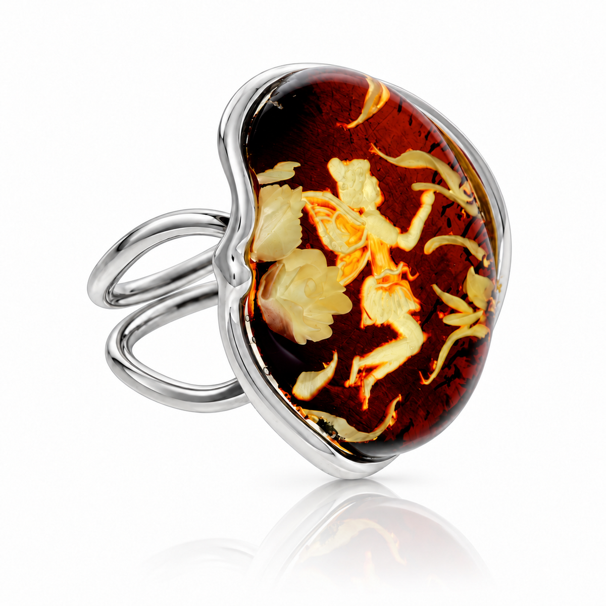 925 Sterling Silver & Genuine Baltic Amber Carved Fairytale Cameo Adjustable Ring - CMR002