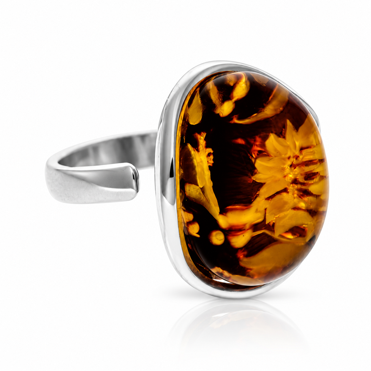 925 Sterling Silver & Genuine Baltic Amber Carved Butterfly Cameo Adjustable Ring - CMR003