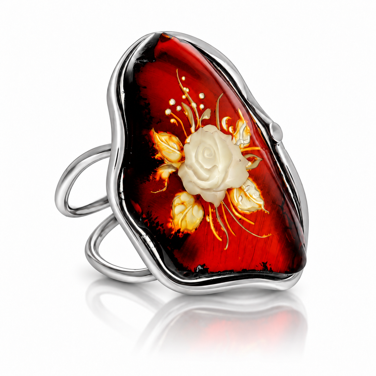 925 Sterling Silver & Genuine Baltic Amber Carved Rose Cameo Adjustable Ring - CMR004