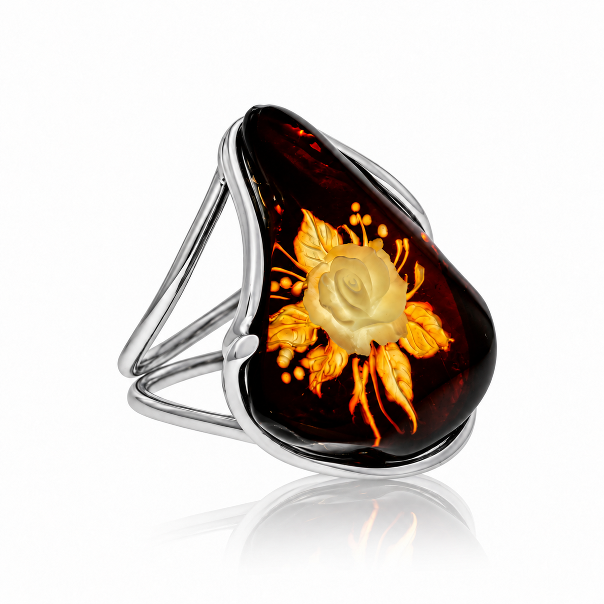 925 Sterling Silver & Genuine Baltic Amber Carved Rose Cameo Adjustable Ring - CMR005
