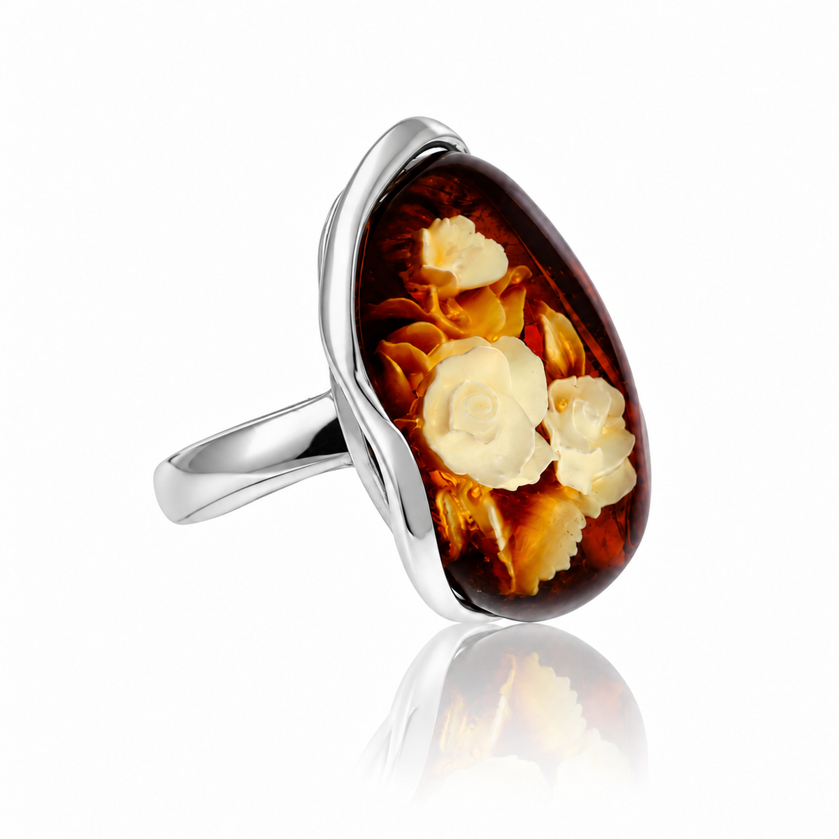 925 Sterling Silver & Genuine Baltic Amber Carved Rose Cameo Adjustable Ring - CMR006