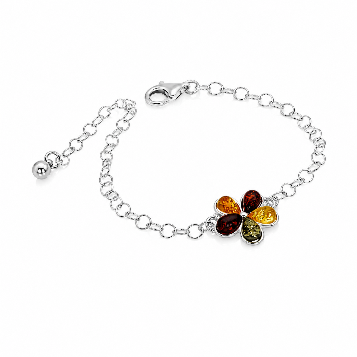925 Sterling Silver & Baltic Amber Modern Flower Adjustable Bracelet - AXB3