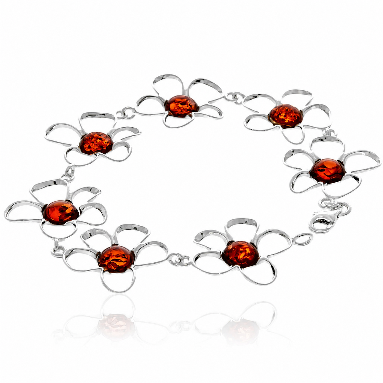 925 Sterling Silver & Genuine Baltic Amber Exclusive Flowers Link Bracelet - AA505