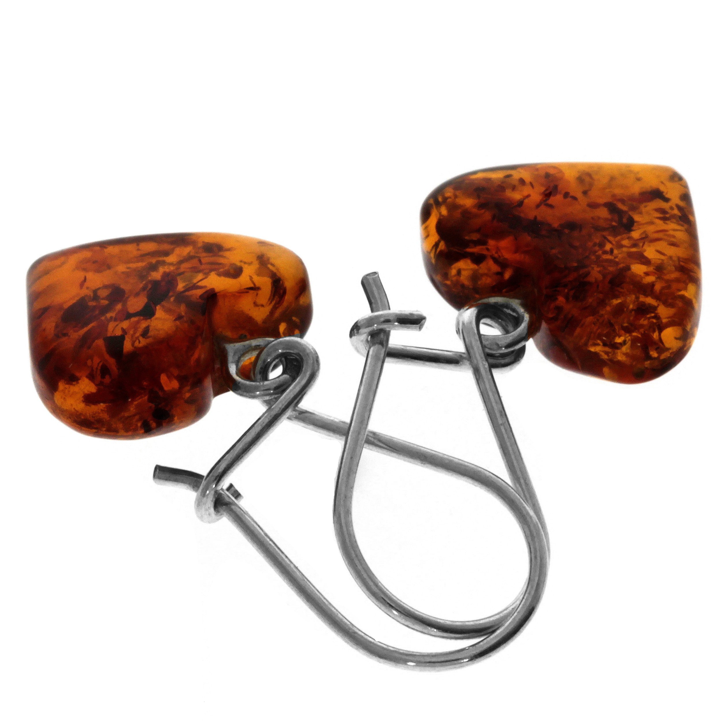 925 Sterling Silver & Genuine Baltic Amber Classic Hearts Drop Earrings - GU007