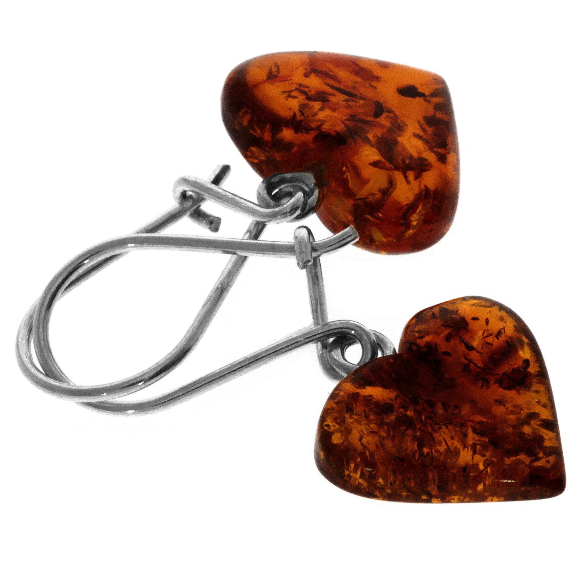 925 Sterling Silver & Genuine Baltic Amber Classic Hearts Drop Earrings - GU007