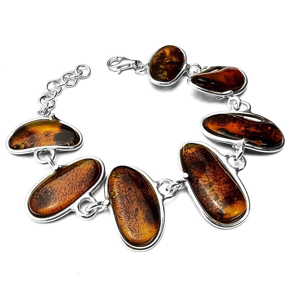 925 Sterling Silver & Genuine Cognac Baltic Amber Exclusive Link Bracelet with extender - BT177