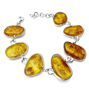 925 Sterling Silver & Genuine Cognac Baltic Amber Exclusive Link Bracelet with extender - BT178