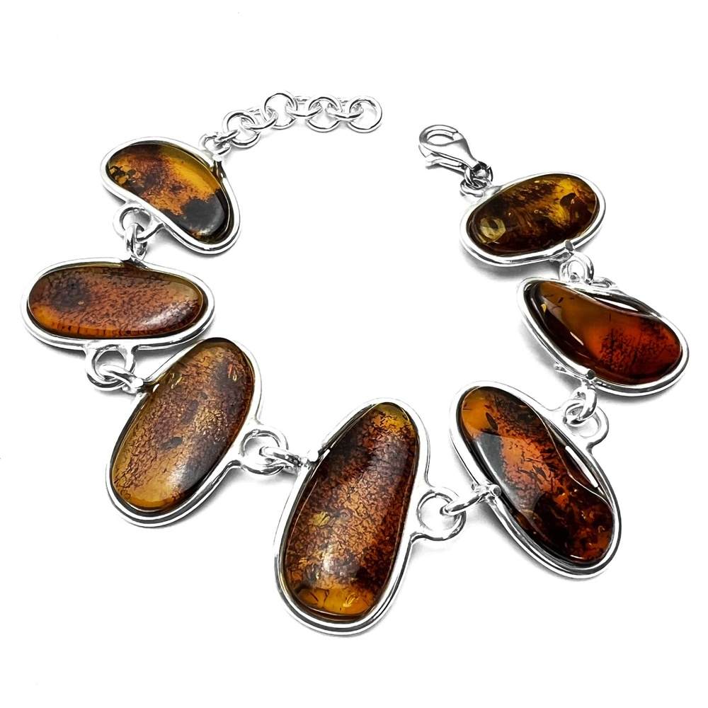 925 Sterling Silver & Genuine Cognac Baltic Amber Exclusive Link Bracelet with extender - BT177