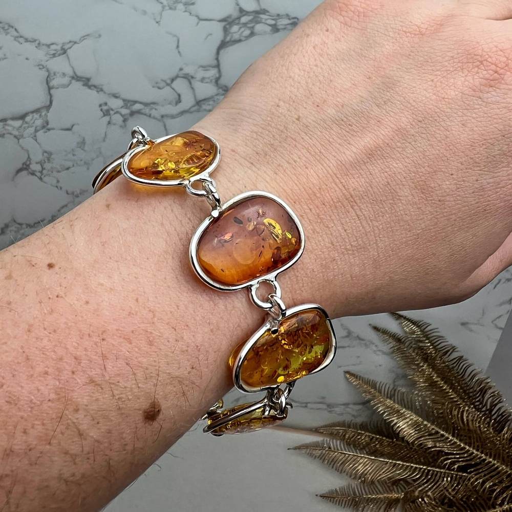 925 Sterling Silver & Genuine Cognac Baltic Amber Exclusive Link Bracelet with extender - BT178