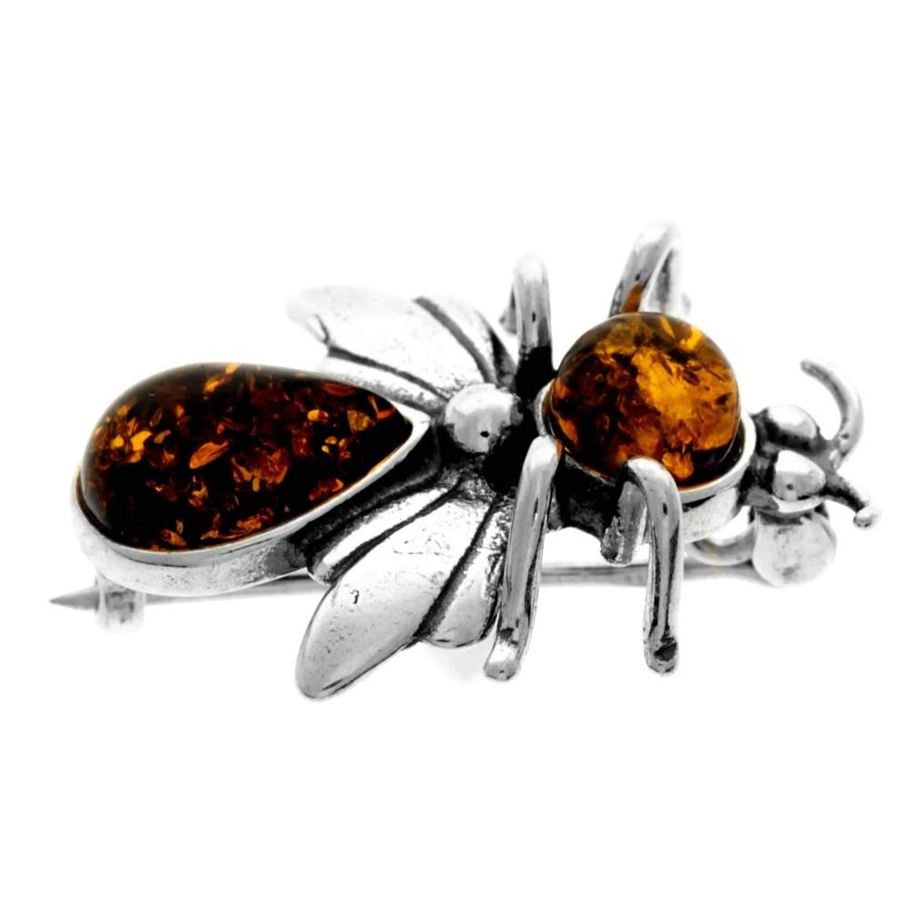 925 Sterling Silver & Genuine Baltic Amber Fly Brooch - G802