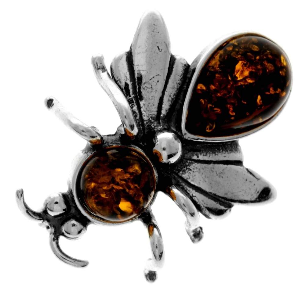 925 Sterling Silver & Genuine Baltic Amber Fly Brooch - G802