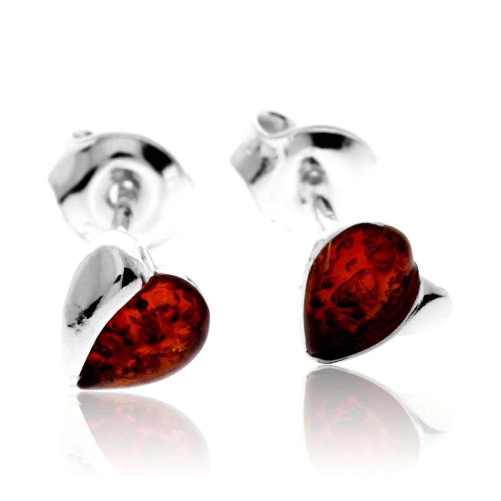 925 Sterling Silver & Genuine Baltic Amber Small Hearts Studs Earrings - GL011