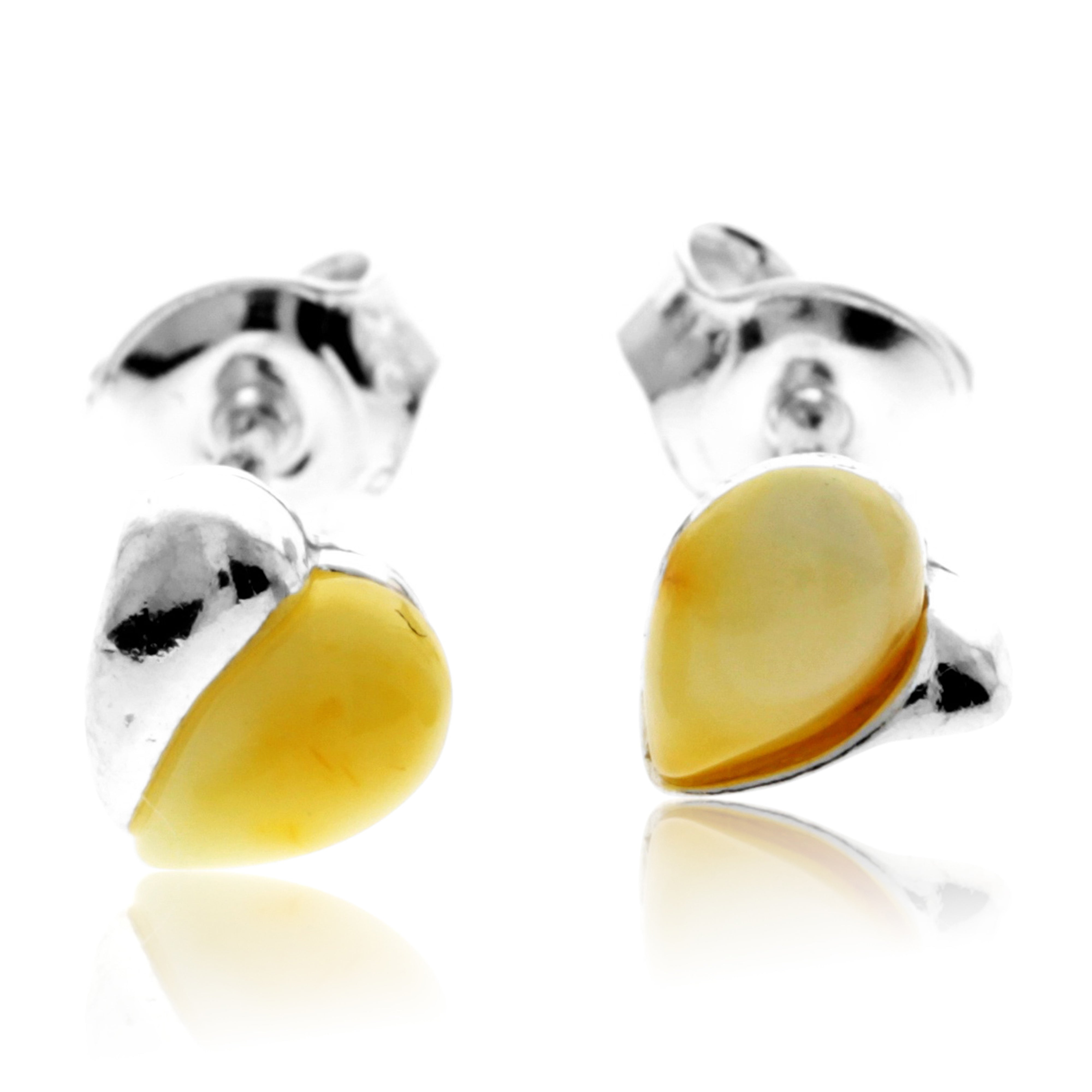 925 Sterling Silver & Genuine Baltic Amber Small Hearts Studs Earrings - GL011