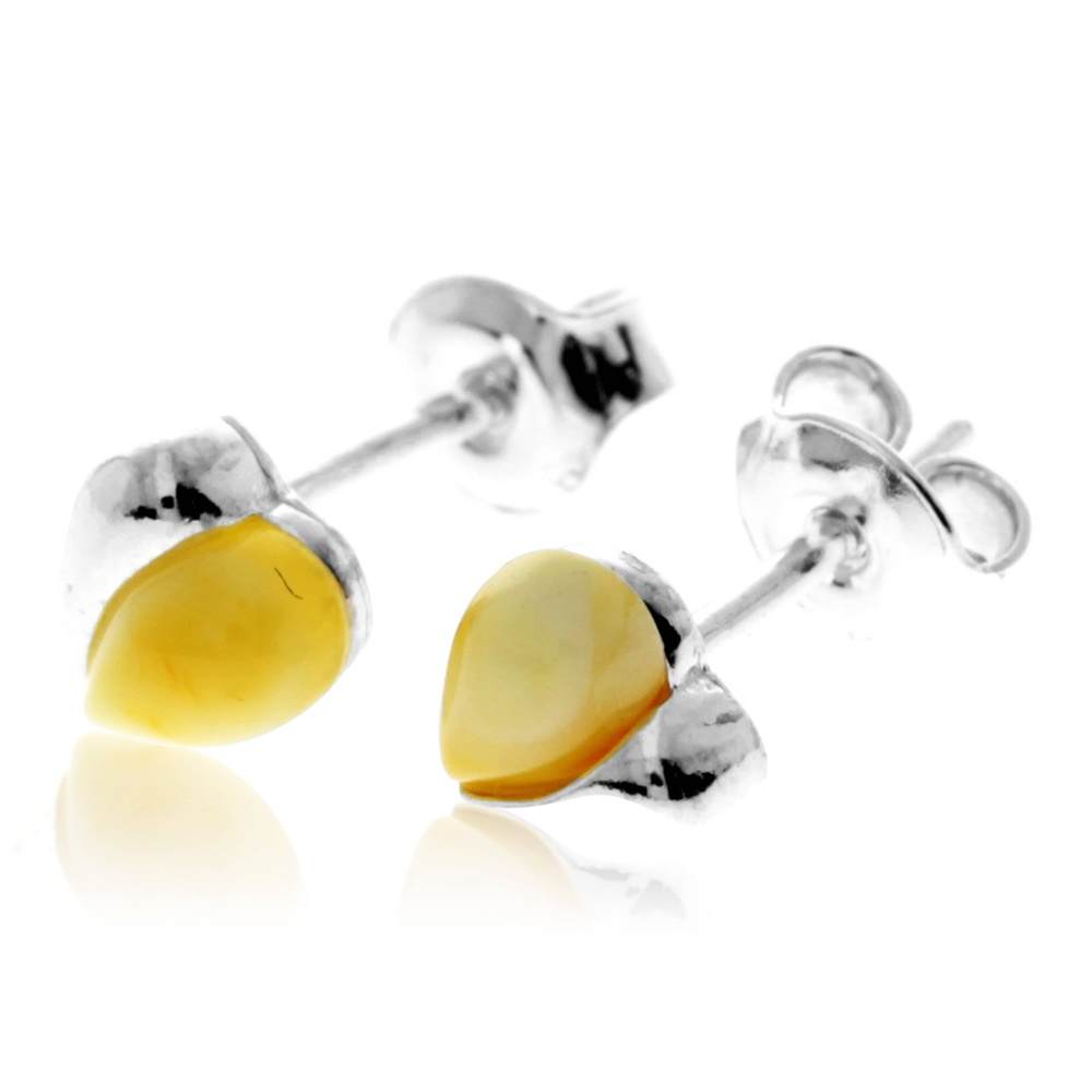 925 Sterling Silver & Genuine Baltic Amber Small Hearts Studs Earrings - GL011