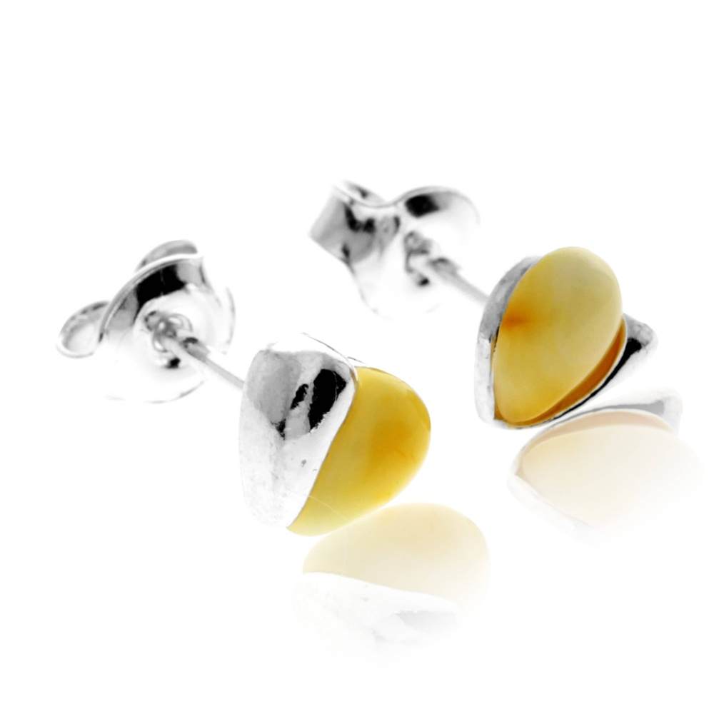 925 Sterling Silver & Genuine Baltic Amber Small Hearts Studs Earrings - GL011