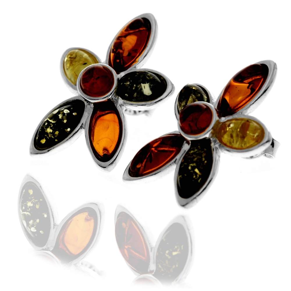 925 Sterling Silver & Genuine Multi-Stone Baltic Amber Studs Earrings - GL060