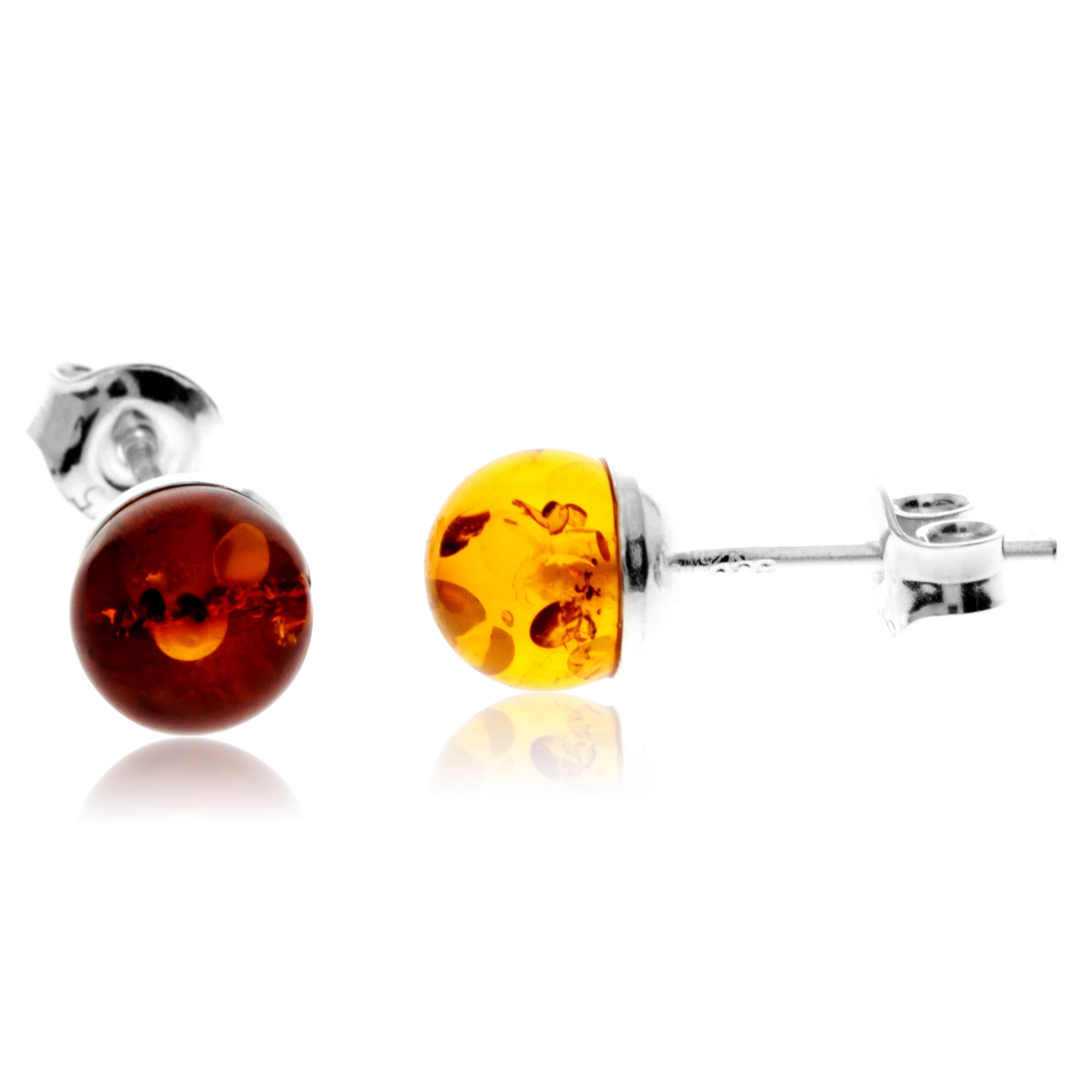 925 Sterling Silver & Genuine Baltic Amber Classic Ball Studs Earrings - GL079