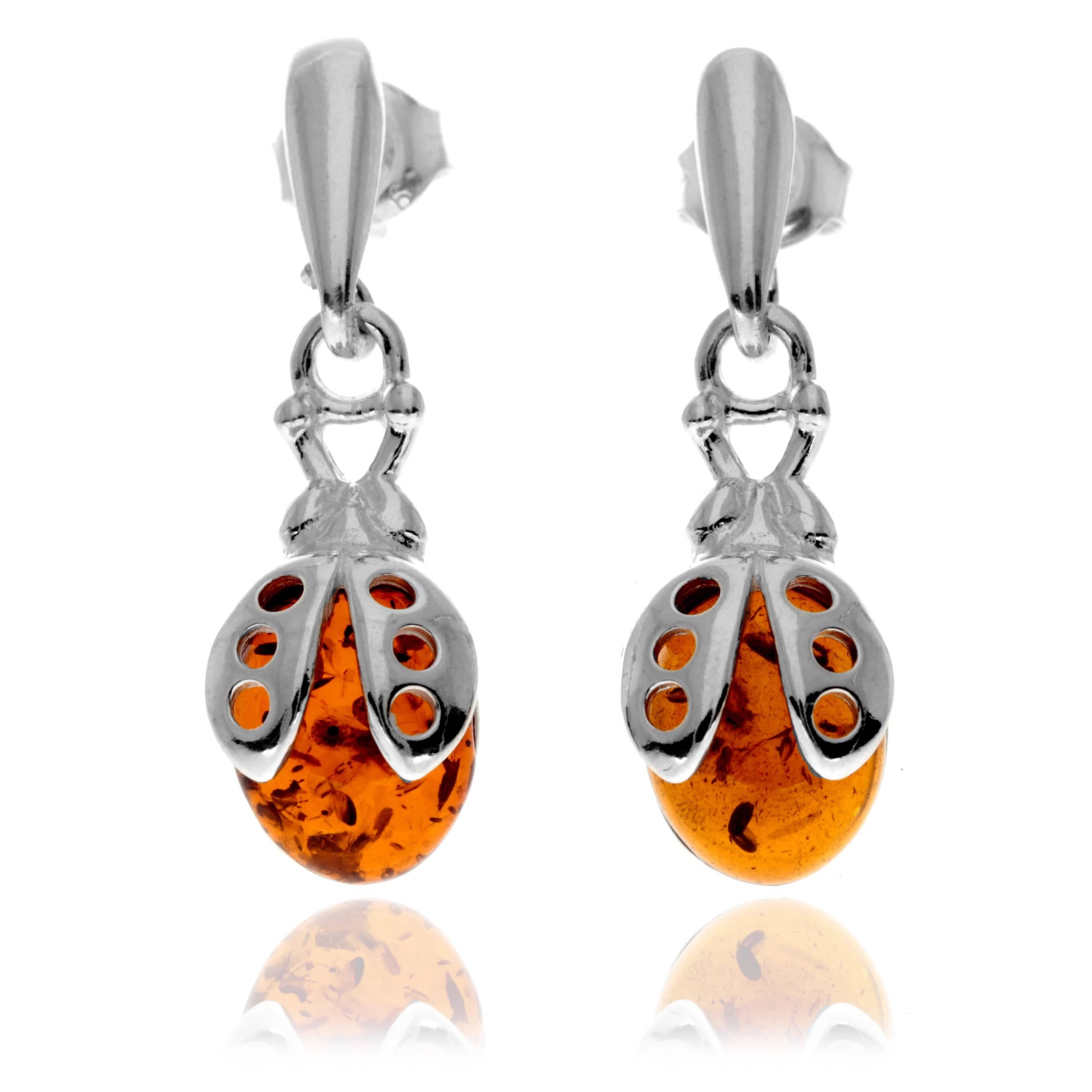 925 Sterling Silver & Genuine Baltic Amber Ladybird Drop Earrings - GL1000D