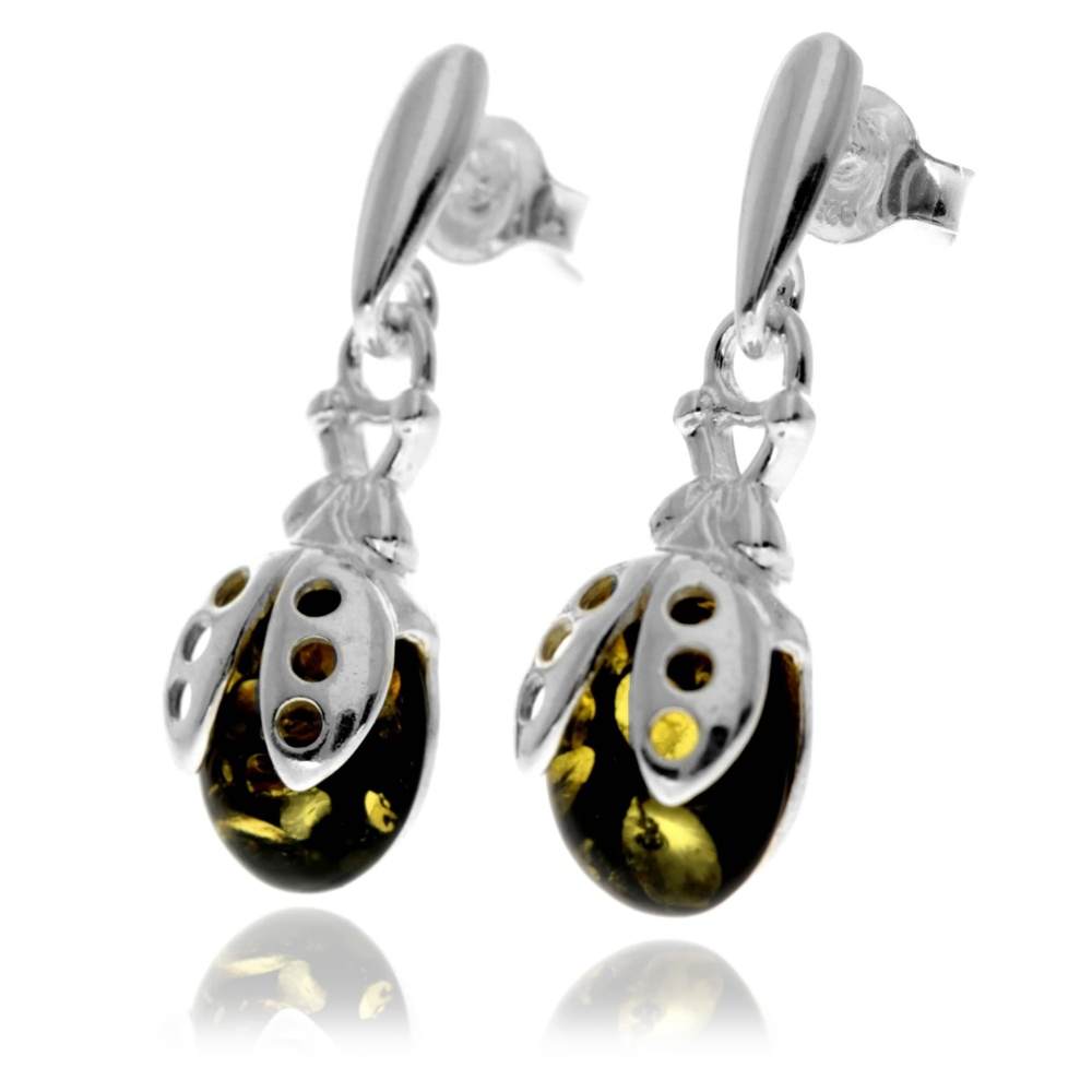 925 Sterling Silver & Genuine Baltic Amber Ladybird Drop Earrings - GL1000D