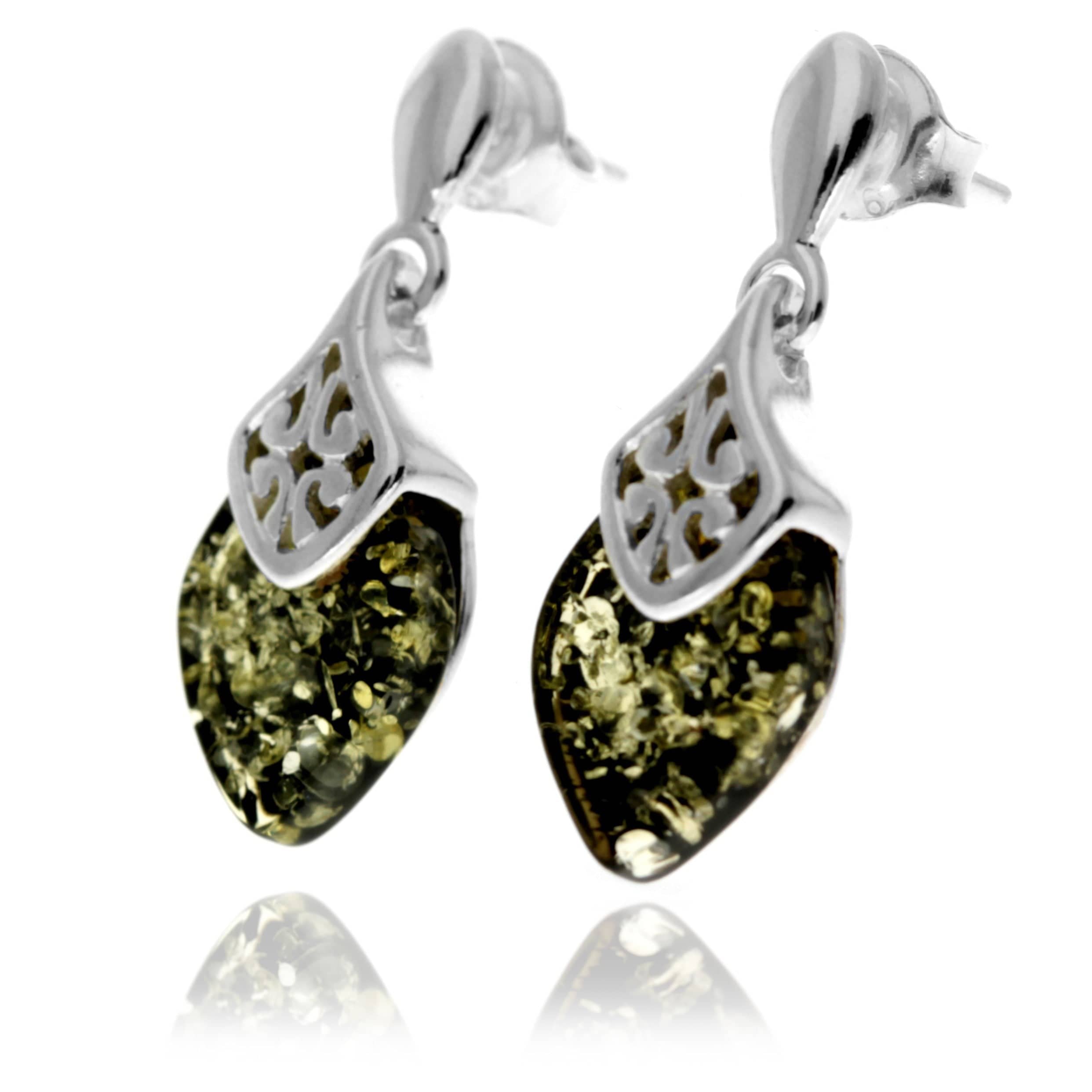 925 Sterling Silver & Genuine Baltic Amber Marquise Modern Drop Earrings - GL1017D