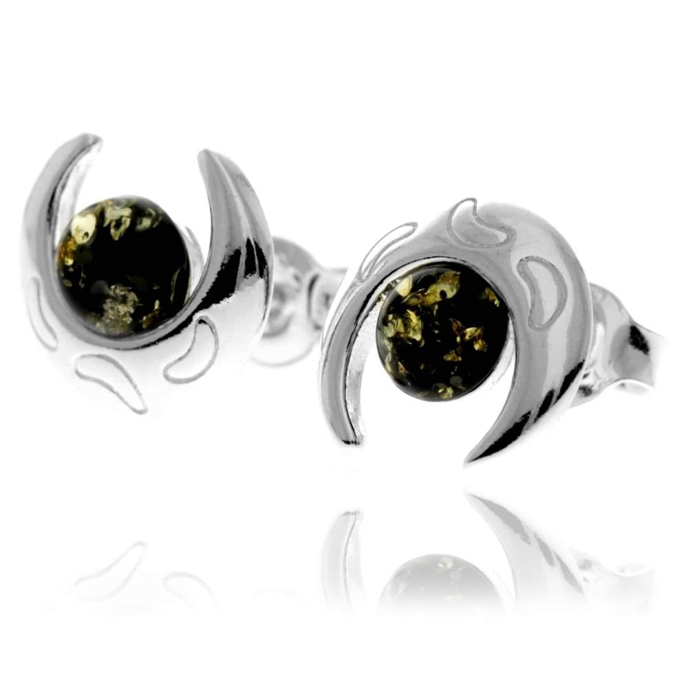 925 Sterling Silver & Genuine Baltic Amber Classic Half Moon Studs Earrings - GL1023