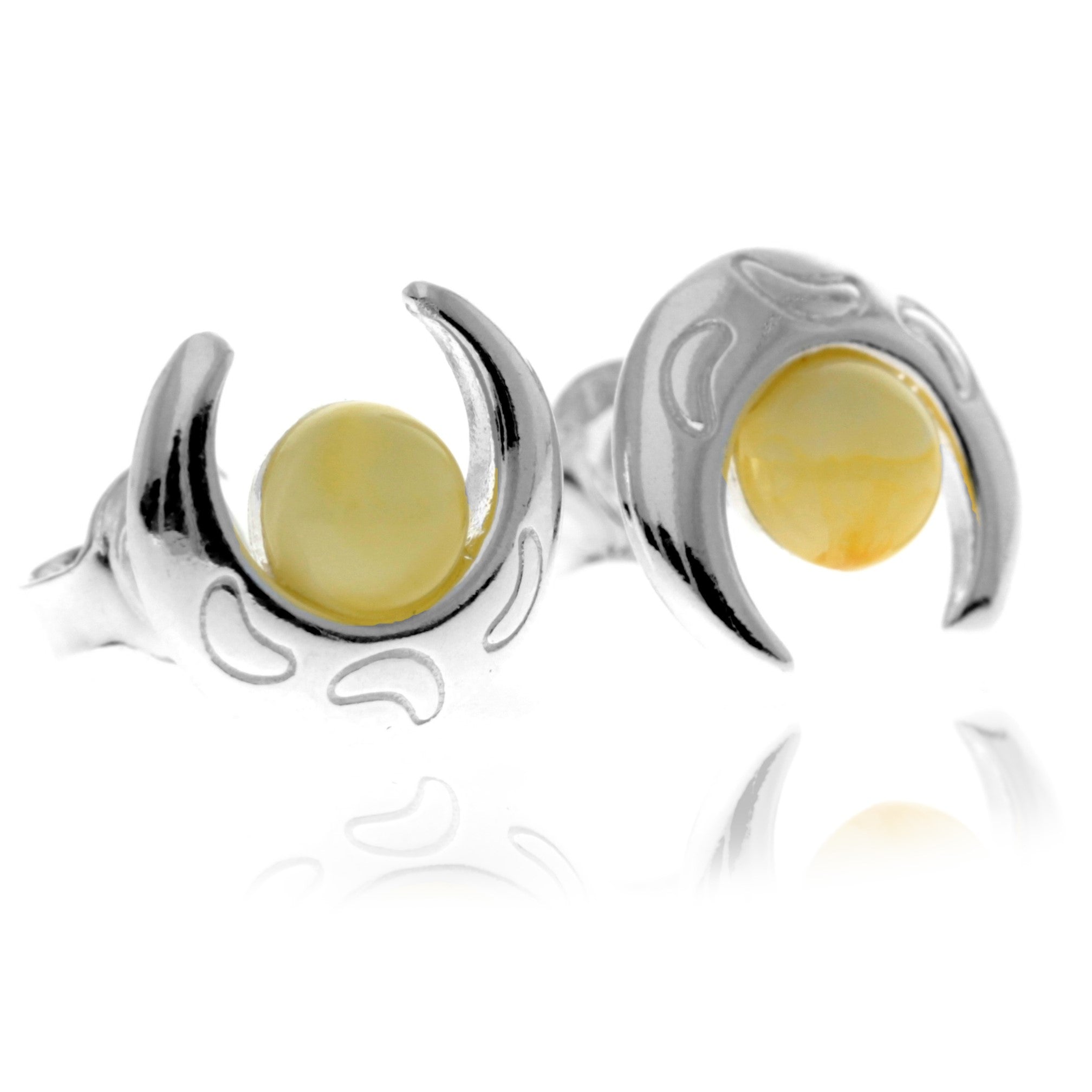 925 Sterling Silver & Genuine Baltic Amber Classic Half Moon Studs Earrings - GL1023